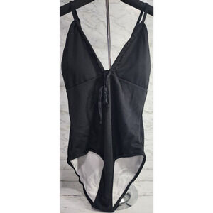 One Piece Black Swimsuit V Neck Hi-Cut Padded Bra, Swimwear, Women's Size L, New